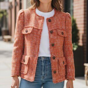 Ann Taylor Orange Spark Fringe Tweed Lady Jacket Sz: 14